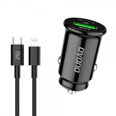 Automobilinis įkroviklis Dudao "R3Pro" juodas 20W (1xPD / 1xQC3.0) + "Type-C / Lightning" laidas Automobilinis įkroviklis Dudao "R3Pro" juodas 20W (1xPD / 1xQC3.0) + "Type-C / Lightning" laidas