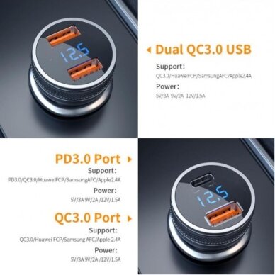 Automobilinis įkroviklis Essager "King" pilkas 36W (2xQC3.0) 3