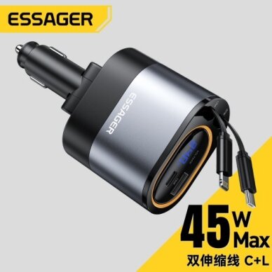 Automobilinis įkroviklis Essager "Smart" juodas 45W (integruotas 2in1 laidas) Automobilinis įkroviklis Essager "Smart" juodas 45W (integruotas 2in1 laidas)