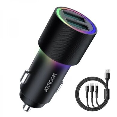 Automobilinis įkroviklis Joyroom "JR-CL10" juodas 24W (2xUSB / with LED Lighting) + "3in1" universalus laidas Automobilinis įkroviklis Joyroom "JR-CL10" juodas 24W (2xUSB / with LED Lighting) + "3in1" universalus laidas