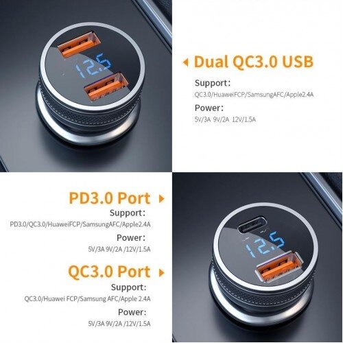 Automobilinis įkroviklis Essager "King" pilkas 36W (2xQC3.0) 3