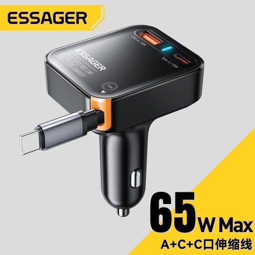 Automobilinis įkroviklis Essager "Yttrium" juodas 65W (integruotas Type-C laidas)