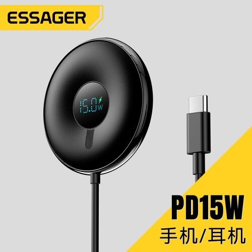 Bevielis įkroviklis Essager "Magnet Absorption" juodas 15W (iPhone + Earphones)