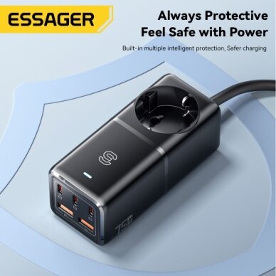 Įkroviklis Essager "Boru GaN" juodas 75W (3xPD / 2xQC3.0 / 4kW-16A-250V) 2 Įkroviklis Essager "Boru GaN" juodas 75W (3xPD / 2xQC3.0 / 4kW-16A-250V) 2