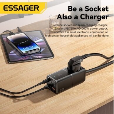 Įkroviklis Essager "Boru GaN" juodas 75W (3xPD / 2xQC3.0 / 4kW-16A-250V) 3 Įkroviklis Essager "Boru GaN" juodas 75W (3xPD / 2xQC3.0 / 4kW-16A-250V) 3