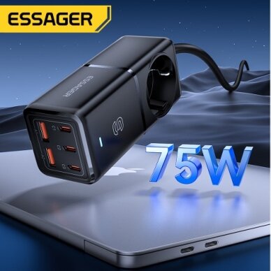 Įkroviklis Essager "Boru GaN" juodas 75W (3xPD / 2xQC3.0 / 4kW-16A-250V) 4 Įkroviklis Essager "Boru GaN" juodas 75W (3xPD / 2xQC3.0 / 4kW-16A-250V) 4