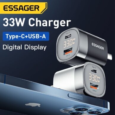 Įkroviklis Essager "GaN Ling" baltas 33W (PD / QC3.0) su LED ekranu 4