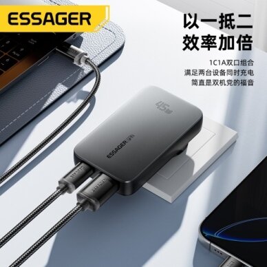 Įkroviklis Essager "GaN Ultra" juodas 45W (1xPD / 1xQC3.0) 1