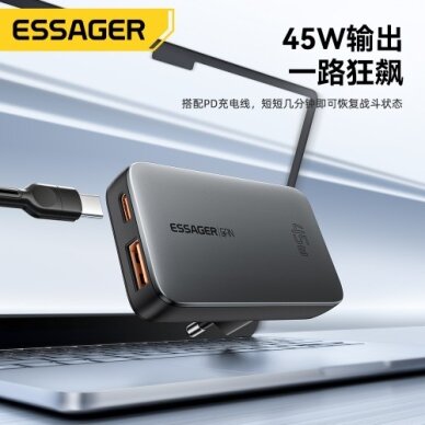 Įkroviklis Essager "GaN Ultra" juodas 45W (1xPD / 1xQC3.0)