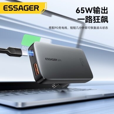 Įkroviklis Essager "GaN Ultra" juodas 65W (1xPD / 1xQC3.0)