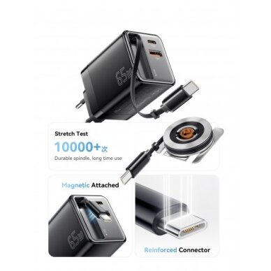 Įkroviklis Essager "Scope" juodas 65W (1xPD / 1xQC3.0) + integruotas Type-C laidas 2