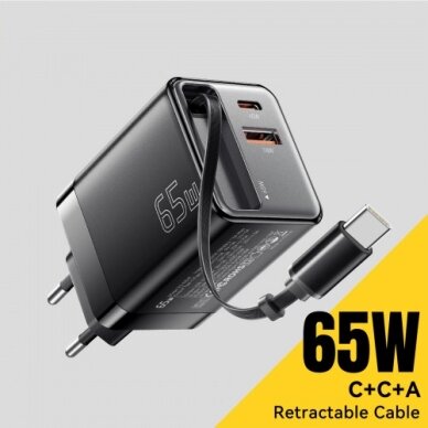 Įkroviklis Essager "Scope" juodas 65W (1xPD / 1xQC3.0) + integruotas Type-C laidas