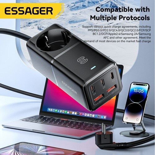Įkroviklis Essager "Boru GaN" juodas 75W (3xPD / 2xQC3.0 / 4kW-16A-250V) 1 Įkroviklis Essager "Boru GaN" juodas 75W (3xPD / 2xQC3.0 / 4kW-16A-250V) 1