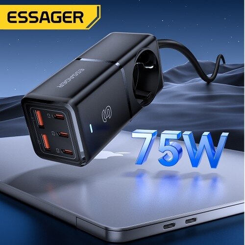 Įkroviklis Essager "Boru GaN" juodas 75W (3xPD / 2xQC3.0 / 4kW-16A-250V) 4 Įkroviklis Essager "Boru GaN" juodas 75W (3xPD / 2xQC3.0 / 4kW-16A-250V) 4