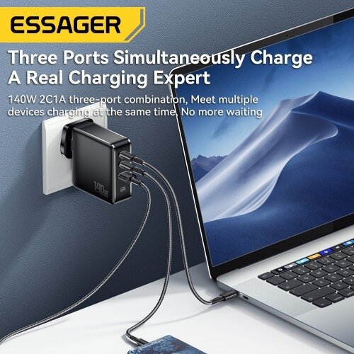 Įkroviklis Essager "Gan Journey" juodas 140W (2xPD / QC3.0) / EU VERSION / 1 Įkroviklis Essager "Gan Journey" juodas 140W (2xPD / QC3.0) / EU VERSION / 1