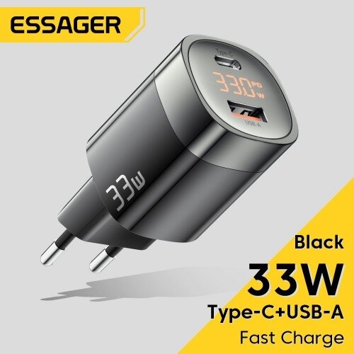 Įkroviklis Essager "GaN Ling" juodas 33W (PD / QC3.0) su LED ekranu 3