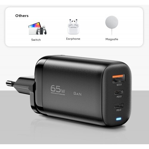 Įkroviklis Essager "GaN Shining" juodas 65W (QC3.0 / 2xPD65W)