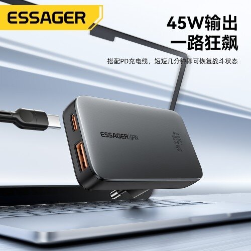 Įkroviklis Essager "GaN Ultra" juodas 45W (1xPD / 1xQC3.0)