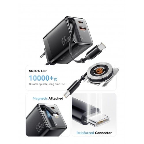 Įkroviklis Essager "Scope" juodas 65W (1xPD / 1xQC3.0) + integruotas Type-C laidas 4