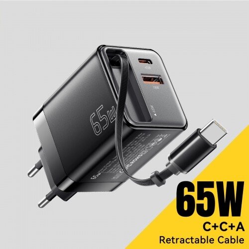 Įkroviklis Essager "Scope" juodas 65W (1xPD / 1xQC3.0) + integruotas Type-C laidas