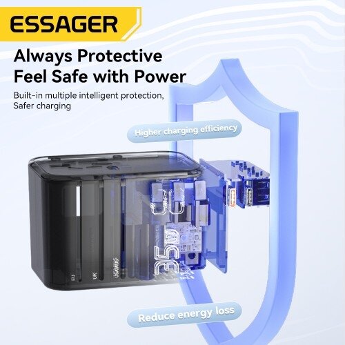 Įkroviklis Essager "Travel Global 1" juodas 35W (2xPD / 3xQC3.0) (tinka EU / US / UK) Įkroviklis Essager "Travel Global 1" juodas 35W (2xPD / 3xQC3.0) (tinka EU / US / UK)