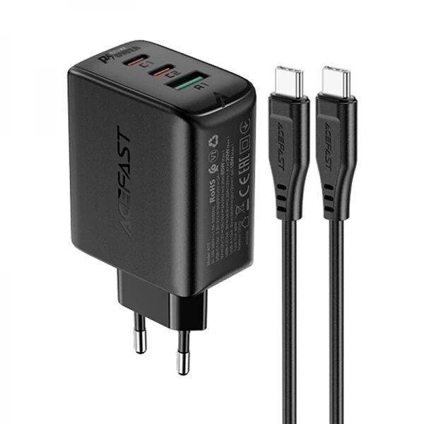 Įkroviklis Acefast "A13" juodas 65W (2xPD / 1xQC3.0) + "Type-C / Type-C" 120cm laidas Įkroviklis Acefast "A13" juodas 65W (2xPD / 1xQC3.0) + "Type-C / Type-C" 120cm laidas