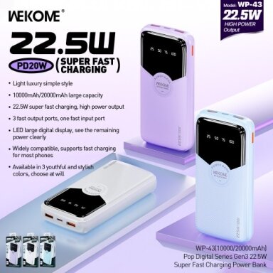 Išorinė baterija WK Design "WP-43" mėlynas 20000mAh (22.5W)