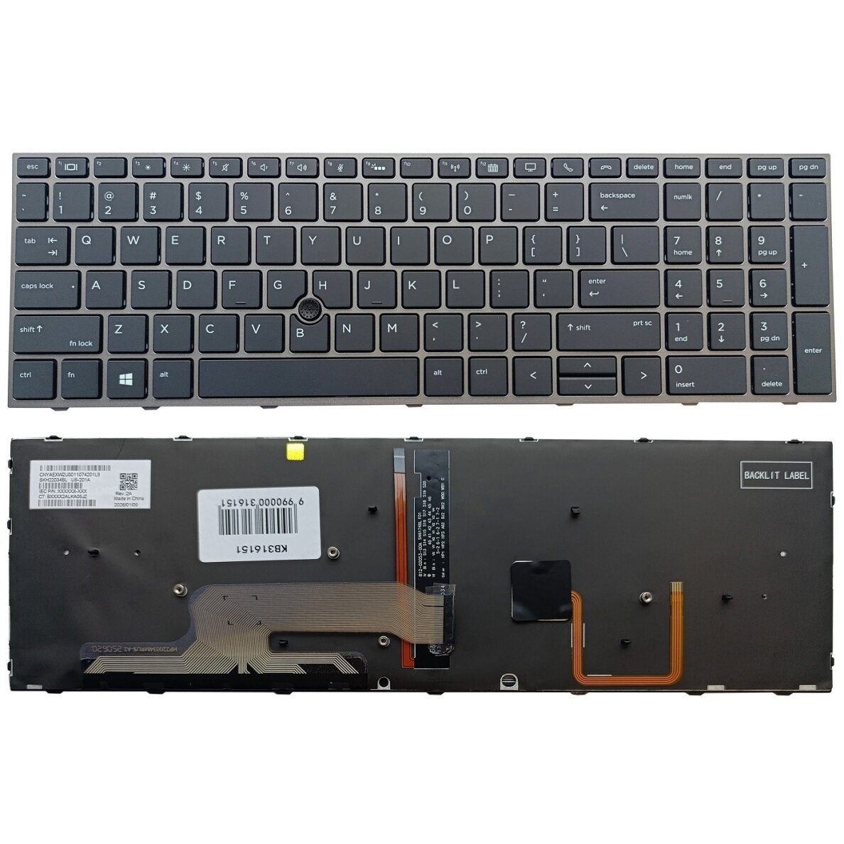 Klaviatūra HP ZBook 15 G5, G6, ZBook 17 G5, G6, su pašvietimu ir „trackpoint“